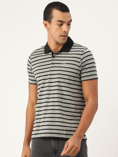 

Sweet Dreams Men Grey Melange & Black Striped Polo Collar T-shirt
