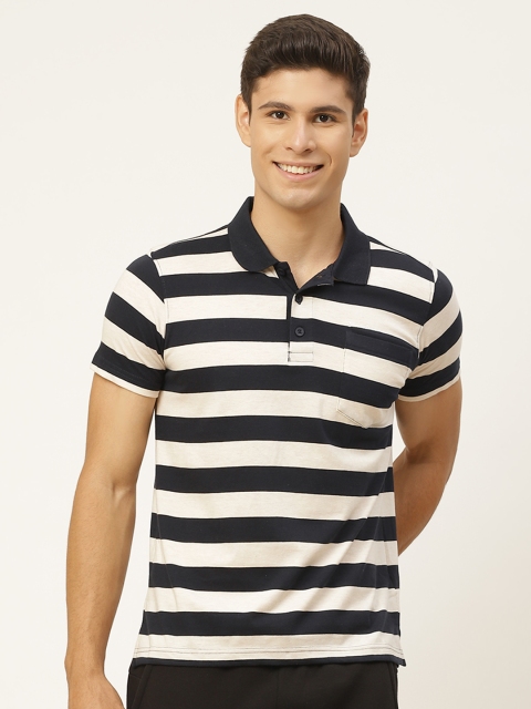 

Sweet Dreams Men Off White & Black Striped Polo Collar Monochrome Athelisure T-shirt