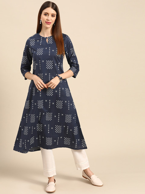 

Anouk Women Navy Blue & White Printed Pure Cotton Kurta with Trousers