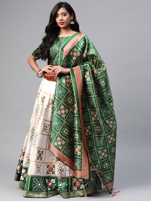 

SHUBHVASTRA Off White & Green Printed Semi-Stitched Lehenga & Unstitched Blouse With Dupatta