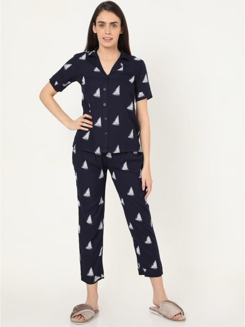 

Smarty Pants Women Navy Blue & White Printed Night suit