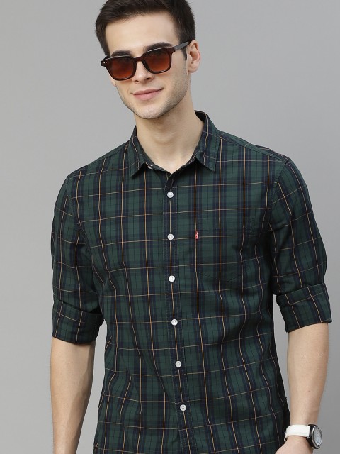

Levis Men Green & Navy Blue Slim Fit Pure Cotton Checked Casual Shirt