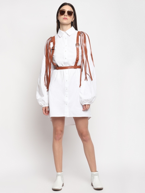 

OTORVA Women White Cotton Solid Shirt Dress with Stylish Belt Accessory