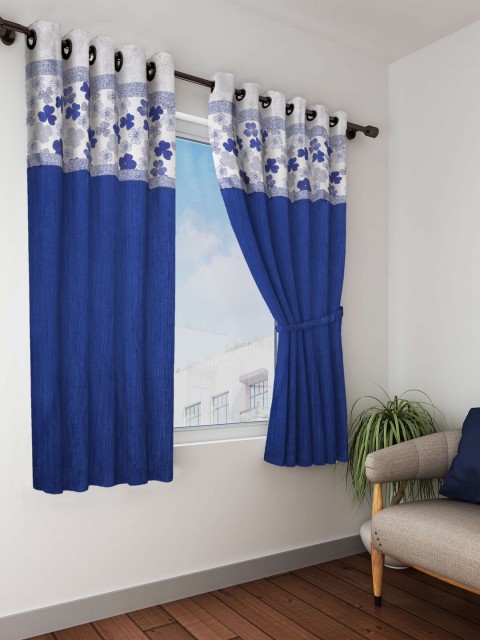 

BIANCA Blue & White Set of 2 Floral Black Out Window Curtains