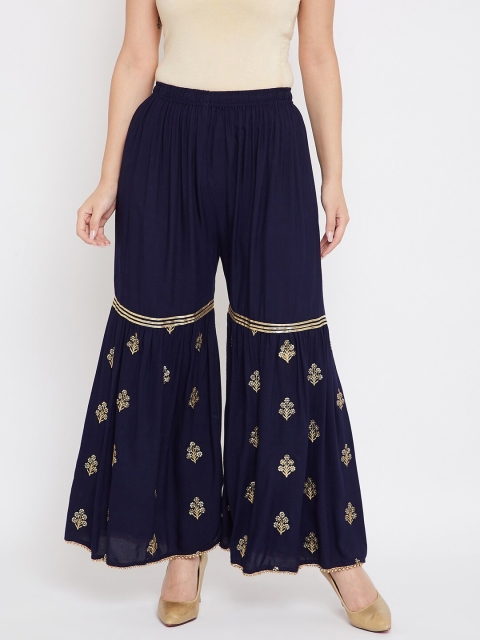 

TULIP 21 Women Navy Blue & Gold-Toned Embroidered Flared Palazzos