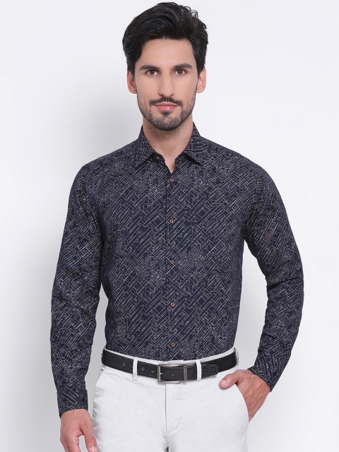 

Richlook Men Navy Blue & Off-White Slim Fit Printed Party Shirt