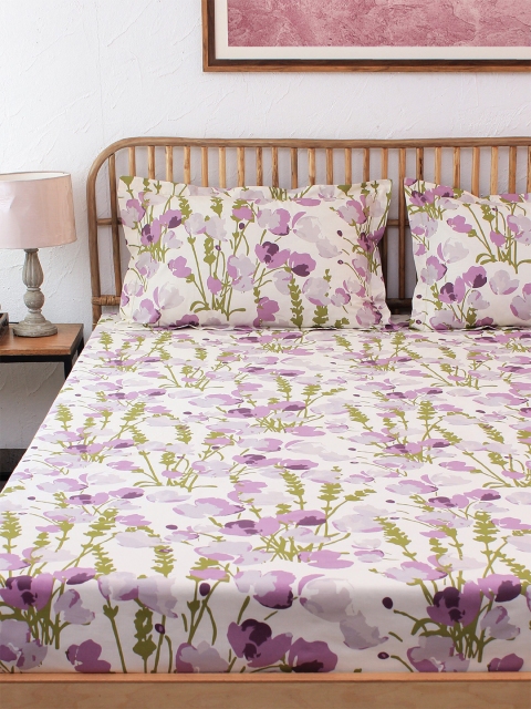 

House This Purple & White Floral 180 TC Cotton 1 Queen Bedsheet with 2 Pillow Covers