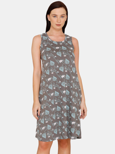 

Zivame Women Grey & Blue Printed Cotton Sleep Shirt