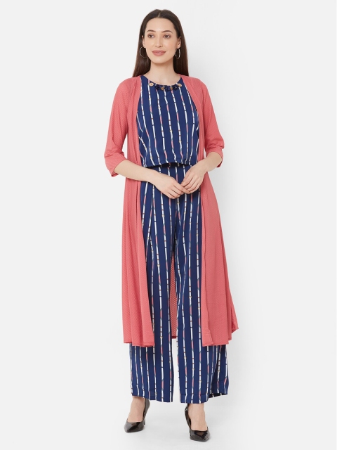 

ZOLA Women Navy Blue & White Striped Top & Palazzos with Jacket