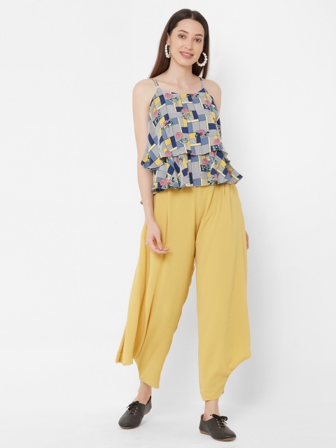 

ZOLA Women Yellow & Navy Blue Printed Top with Palazzos