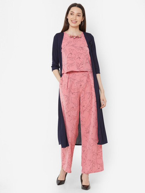 

ZOLA Women Pink & Black Printed Top & Palazzos with Jacket