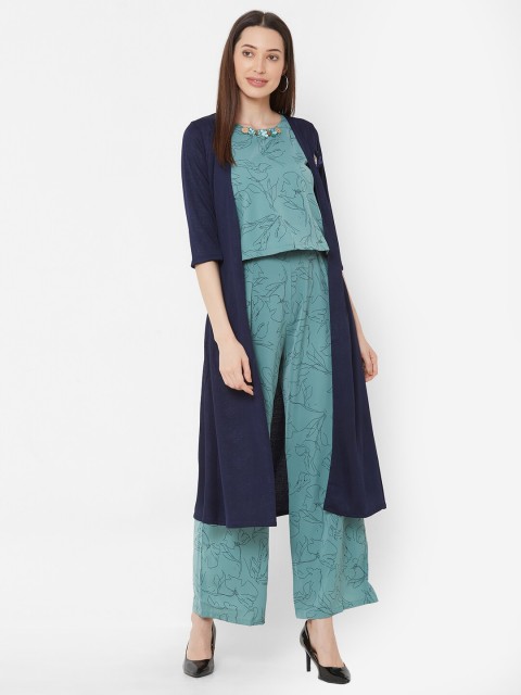 

ZOLA Women Sea Green & Navy Blue Printed Top with Palazzos