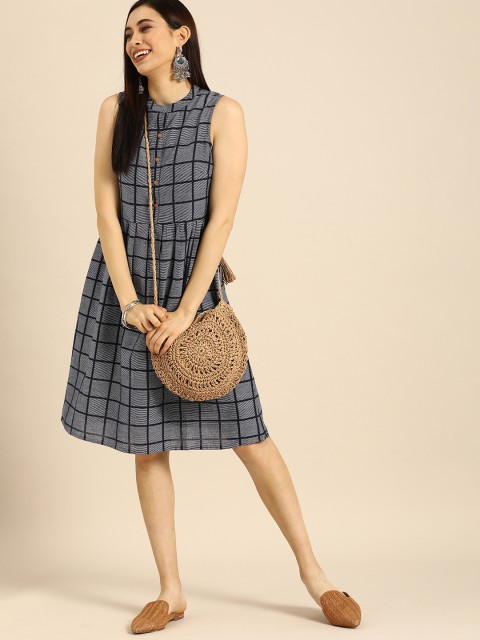 

Anouk Navy Blue & White Checked Ethnic A-Line Dress