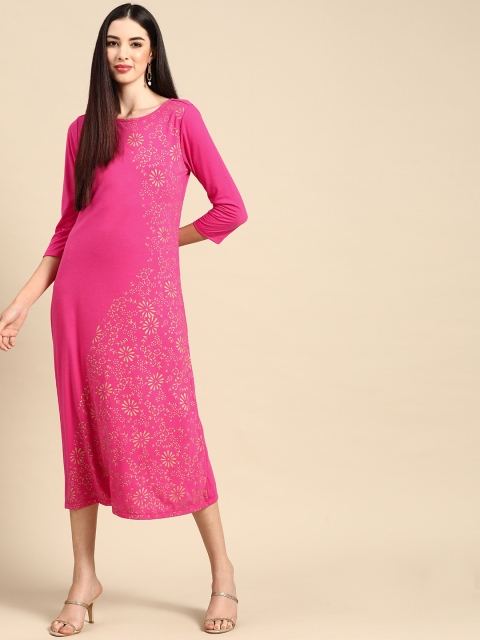 

Anouk Pink & Golden Ethnic Motifs A-Line Midi Dress