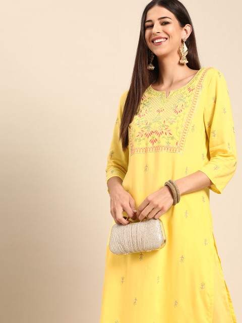 

Anouk Women Yellow Ethnic Motifs Yoke Embroidered Regular Sequinned Kurta with Palazzos