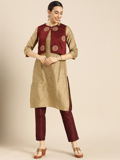 

Anouk Women Beige Regular Kurta with Trousers & Jacket