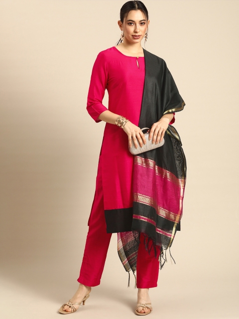 

Anouk Women Fuchsia Pink Colourblocked Regular Kurta with Trousers And Dupatta