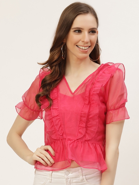 

COVER STORY Pink Puff Sleeve Ruffled Organza Solid Top