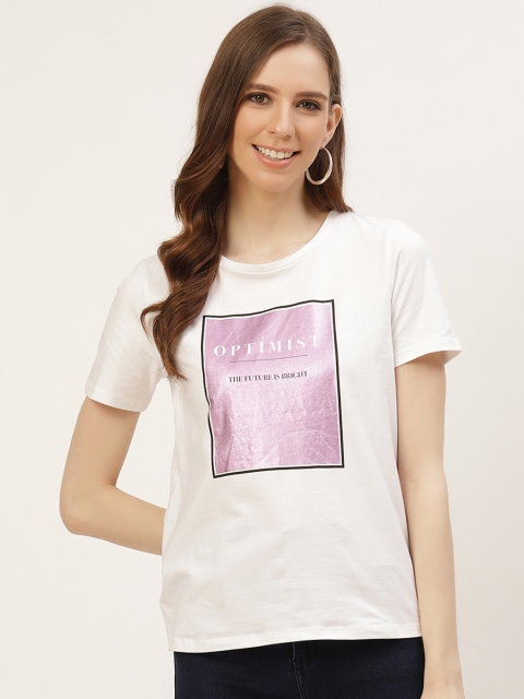

COVER STORY Women White & Lavender Cotton Typography Printed T-shirt