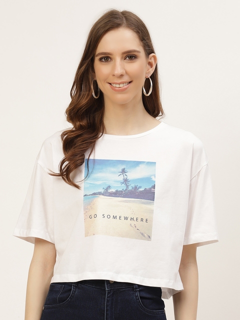

COVER STORY Women White & Blue Printed Drop-Shoulder Sleeves T-shirt