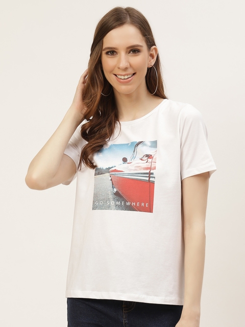 

COVER STORY Women White & Blue Cotton Graphic Printed T-shirt