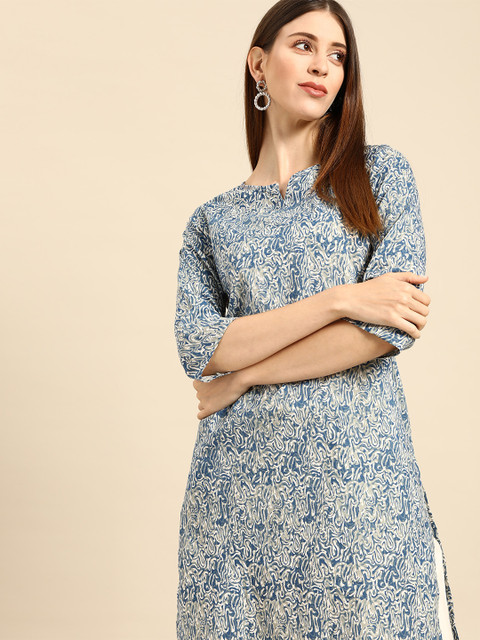 

Anouk Women Blue & Off-White Printed Pure Cotton Straight Kurta