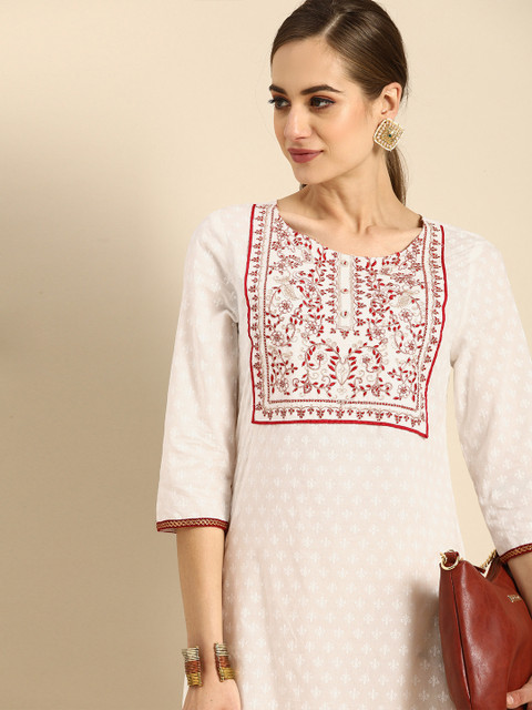 

Anouk Women White & Red Ethnic Motifs Cotton Yoke Design Kurta