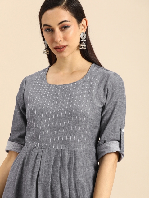 

Anouk Women Grey & White Striped Gathered A-Line Kurta