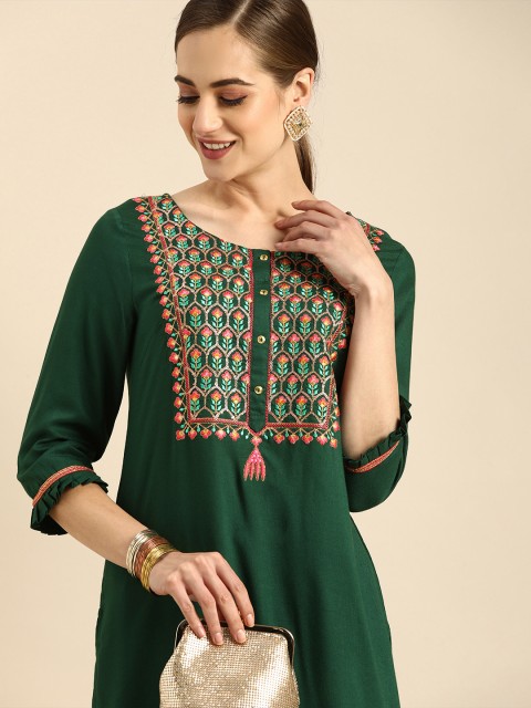 

Anouk Women Green Ethnic Motifs Yoke Design Thread Work Kurta