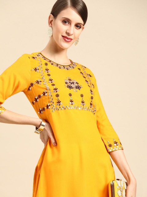 

Anouk Women Mustard Yellow Ethnic Motifs Yoke Design Mirror Work Kurta