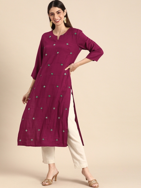 

Anouk Women Burgundy & Green Embroidered Straight Kurta