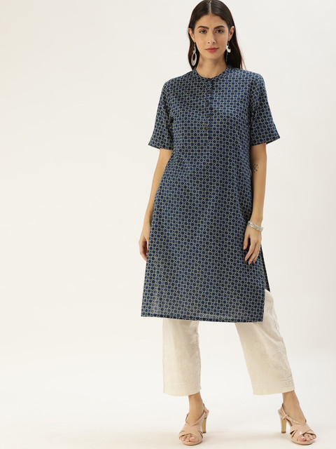 

Anouk Women Navy Blue & White Geometric Printed Pure Cotton Indigo Kurta