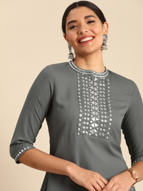 

Anouk Women Grey Yoke Design Mirror Work Straight Kurta