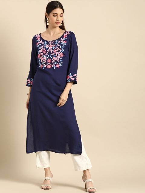 

Anouk Women Navy Blue Floral Yoke Design Thread Work Kurta