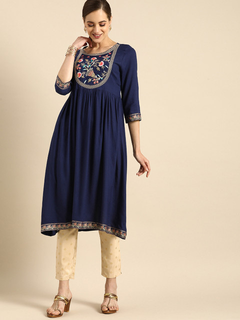 

Anouk Women Navy Blue & Gold-Toned Floral Embroidered Thread Work Kurta