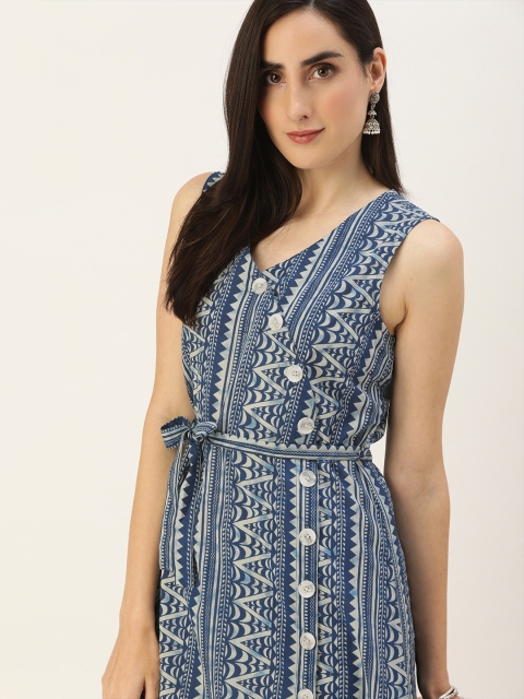 

Anouk Women Blue & Cream-Coloured Ethnic Motifs Printed Kurta With Waist Tie-up