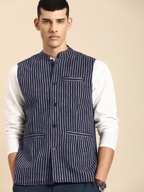 

Anouk Men Navy Blue & White Striped Nehru Jacket