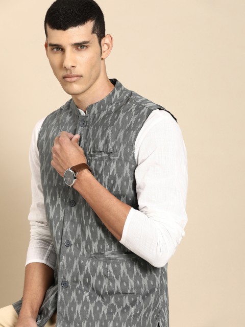 

Anouk Men Grey & Off-White Printed Nehru Jacket