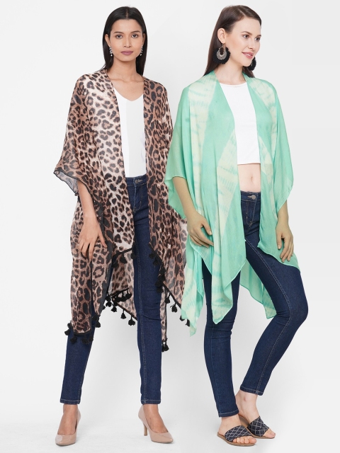 

Get Wrapped Women Brown Sea Green Printed Open Front Kimono Shrug