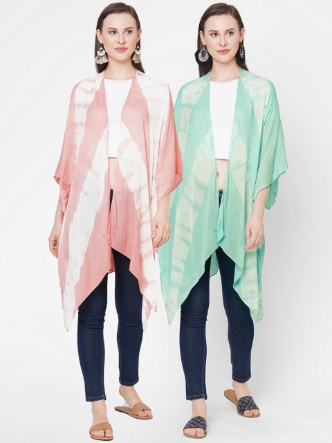 

Get Wrapped Women Pack Of 2 Green & Peach-Coloured Kimono Open Front Shrug