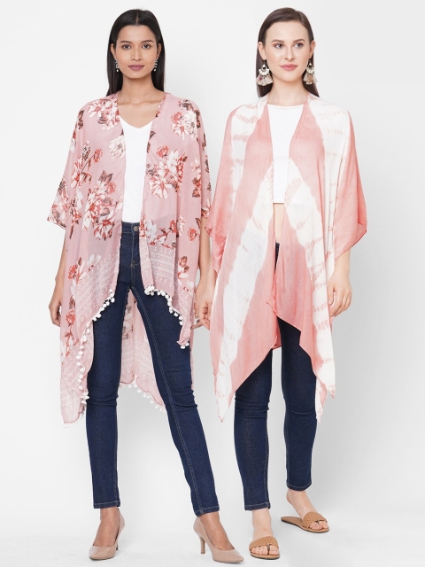 

Get Wrapped Women Pack Of 2 Pink White Printed Open Front Kimono Shrugs