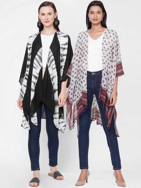 

Get Wrapped Women Black White Printed Open Front Kimono Shrug