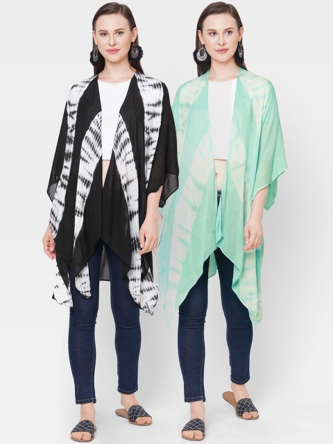 

Get Wrapped Women Pack Of 2 Green & Black Kimono Open Front Shrug