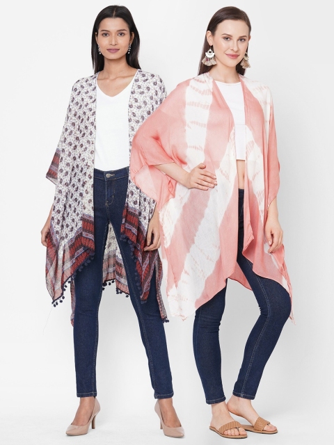 

Get Wrapped Women Pack of 2 Pink White Printed Open Front Kimono Shrugs