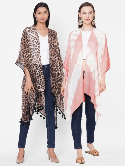 

Get Wrapped Women Pack of 2 White & Pink Printed Waterfall Kimono Shrugs