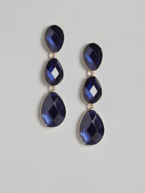 

Forever New Navy Blue Gold-Plated Stone-Studded Teardrop-Shaped Drop Earrings