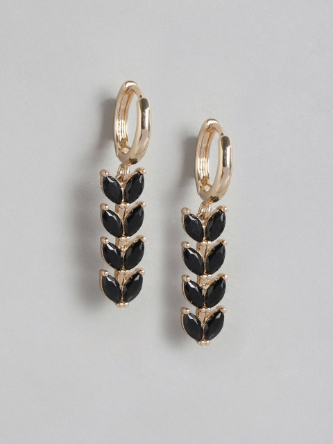 

Forever New Black Gold-Plated CZ-Studded Leaf-Shaped Drop Earrings