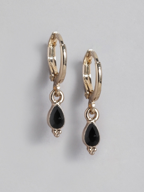 

Forever New Black Gold-Plated Stone-Studded Circular Huggie Hoop Earrings
