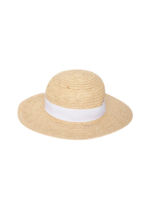 

Forever New Women Beige Basketweave Julia Boater Hat with White Ribbon