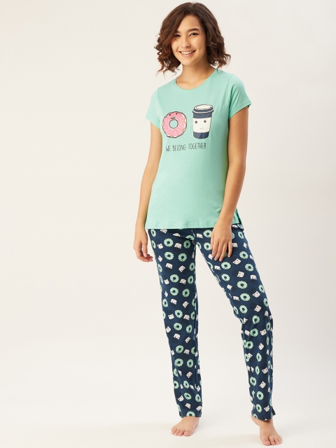 

Sweet Dreams Women Green & Navy Blue Pure Cotton Printed Night suit